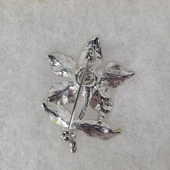 Gruen Vintage Purple Lilac Classic Metallic Enamel Floral Rhinestone Brooch - Picture 2 of 3